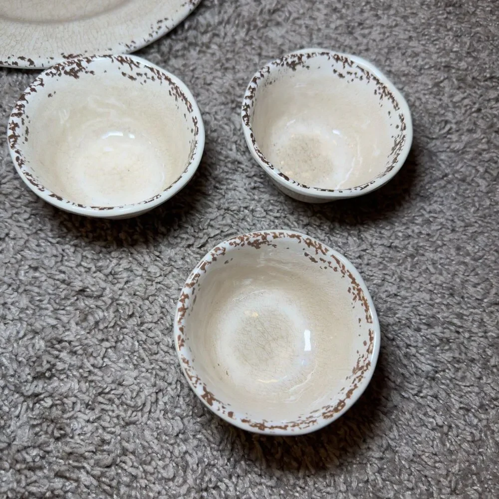 Pier 1 Imports Carmelo Melamine Crackle Bowls Plates Snack Dish LOT of 7 Ivory